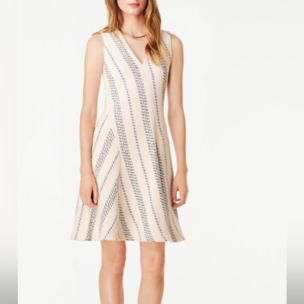 Tory Burch Cream and Navy Diagonal-Striped Sleeveless Midi Dress